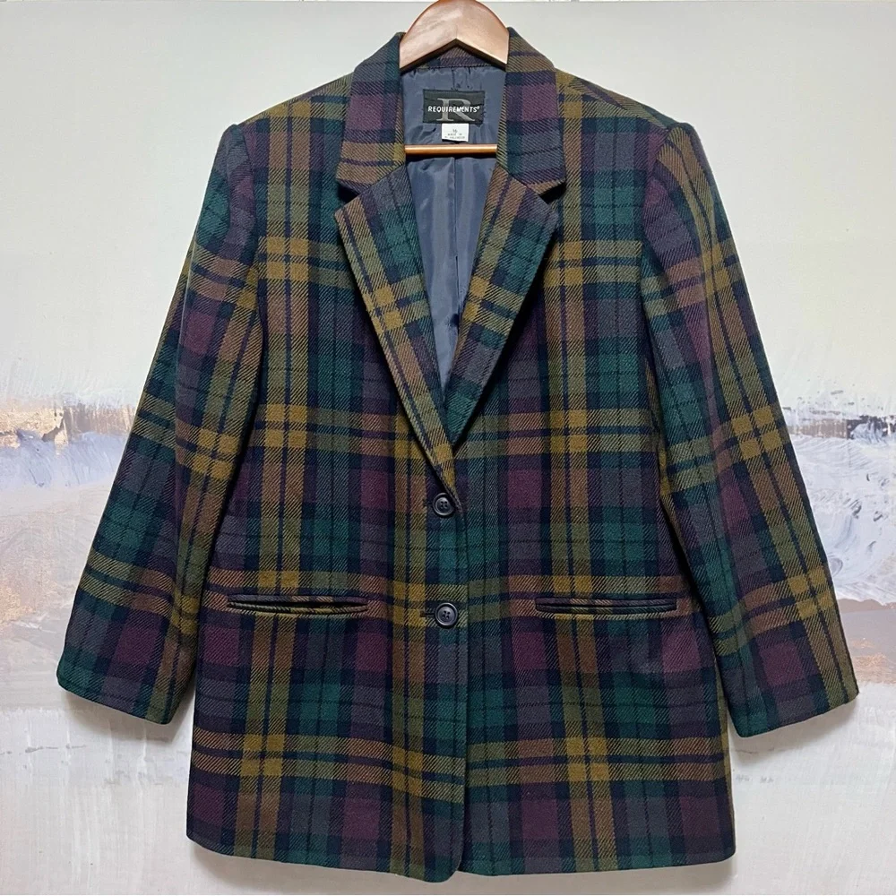 Vtg Requirements Wool Blend Blazer Womens Sz 16 Purple Green Tartan Plaid Jacket - Picture 1 of 16